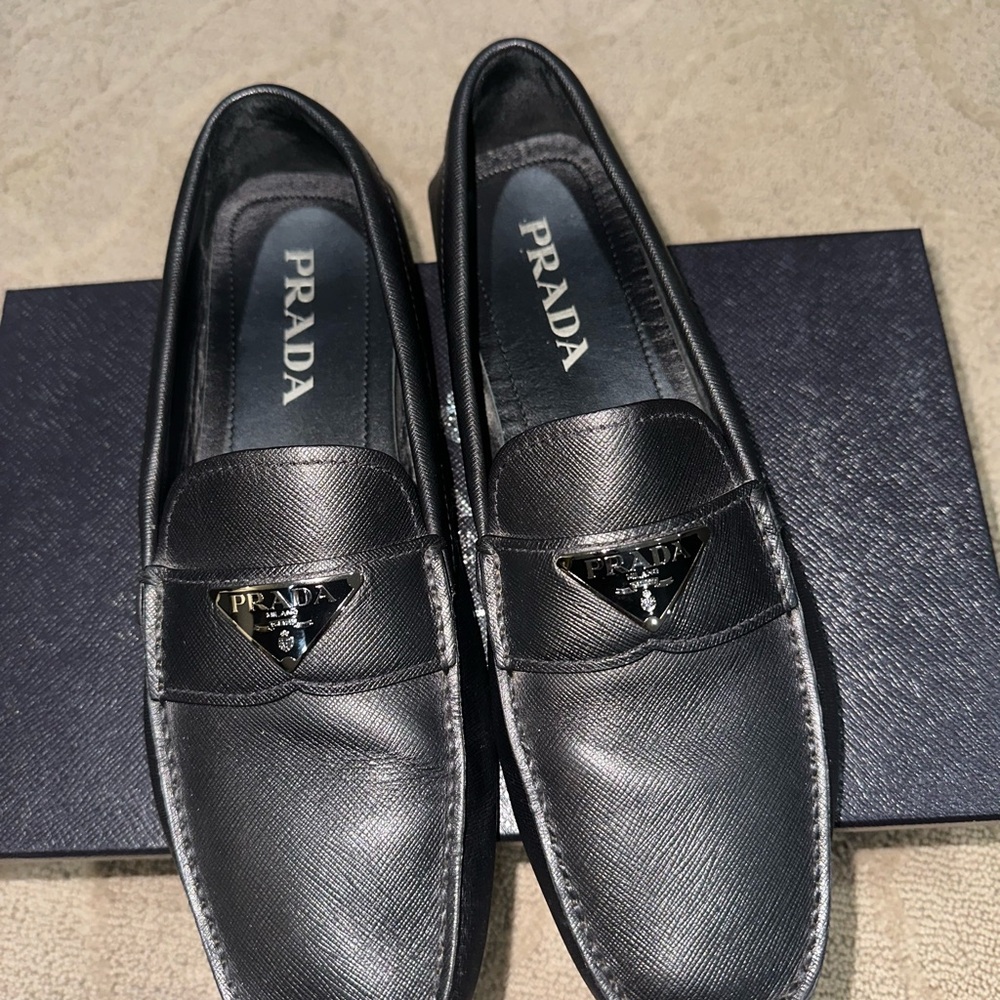 Prada Black Leather Loafers with Metal Hardware - Picture 2 of 5